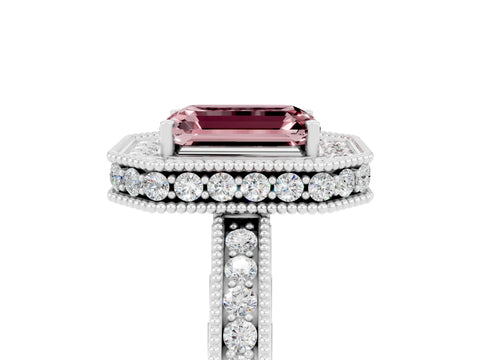 White gold Emerald Cut Halo Diamond Engagement Ring with Milgrain Pave Band and Four-Prong Setting_5