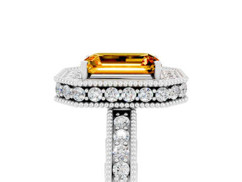 White gold Emerald Cut Halo Diamond Engagement Ring with Milgrain Pave Band and Four-Prong Setting_5