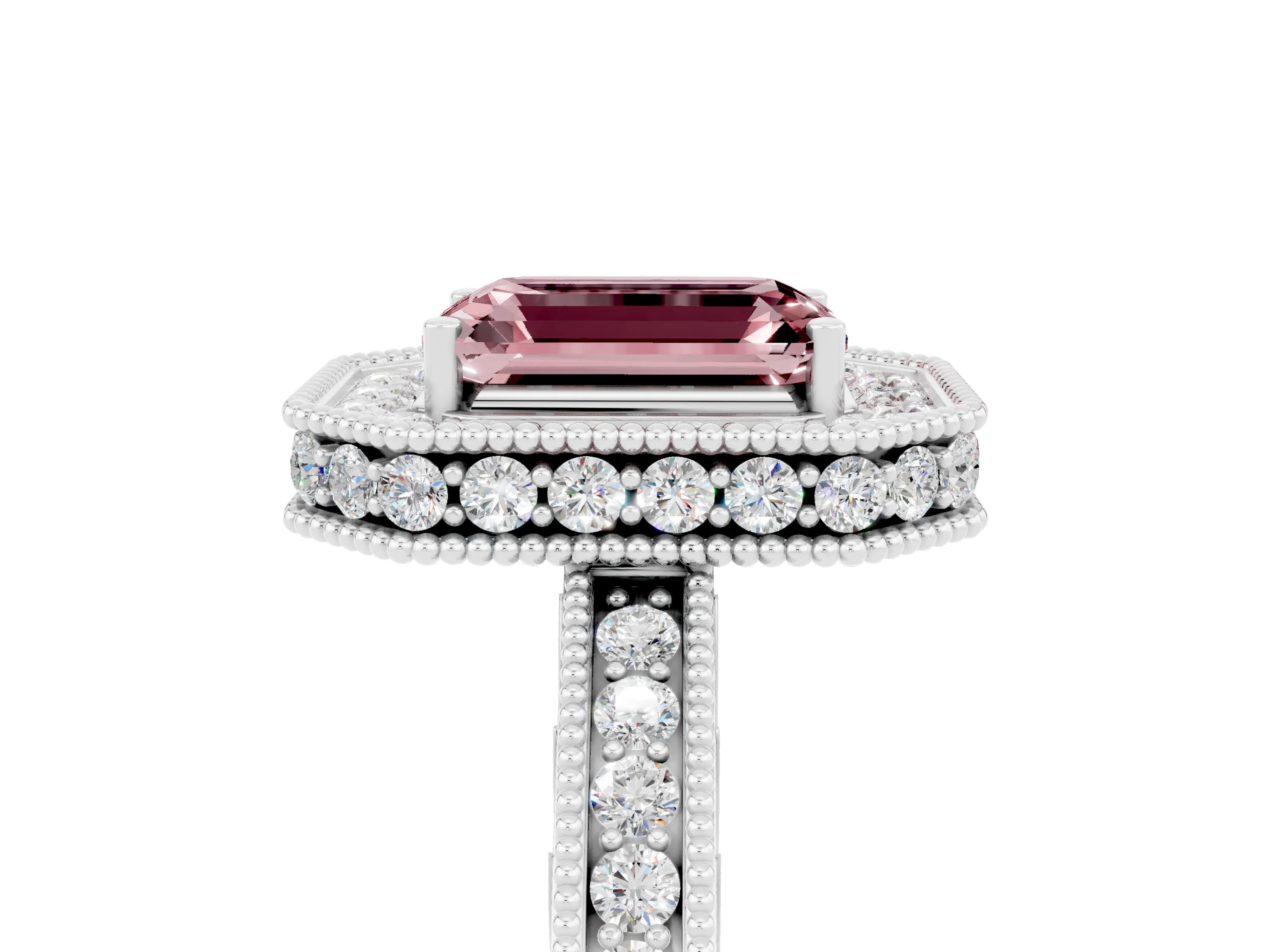 White gold Emerald Cut Halo Diamond Engagement Ring with Milgrain Pave Band and Four-Prong Setting_5