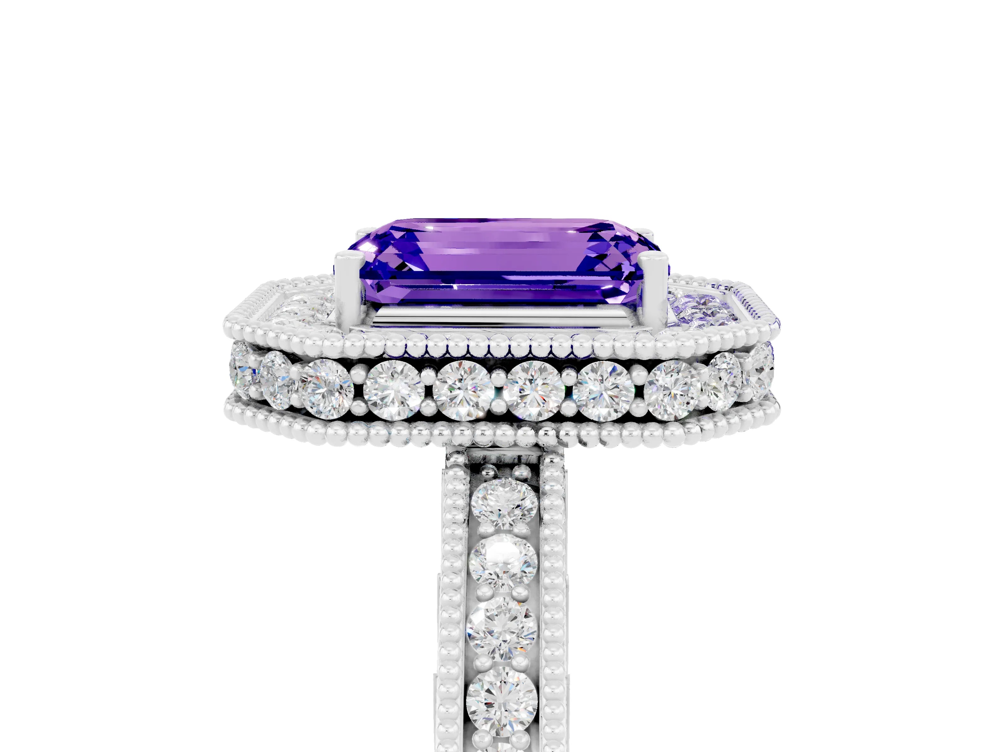 White gold Emerald Cut Halo Diamond Engagement Ring with Milgrain Pave Band and Four-Prong Setting_5