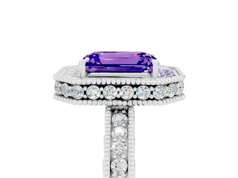 White gold Emerald Cut Halo Diamond Engagement Ring with Milgrain Pave Band and Four-Prong Setting_5