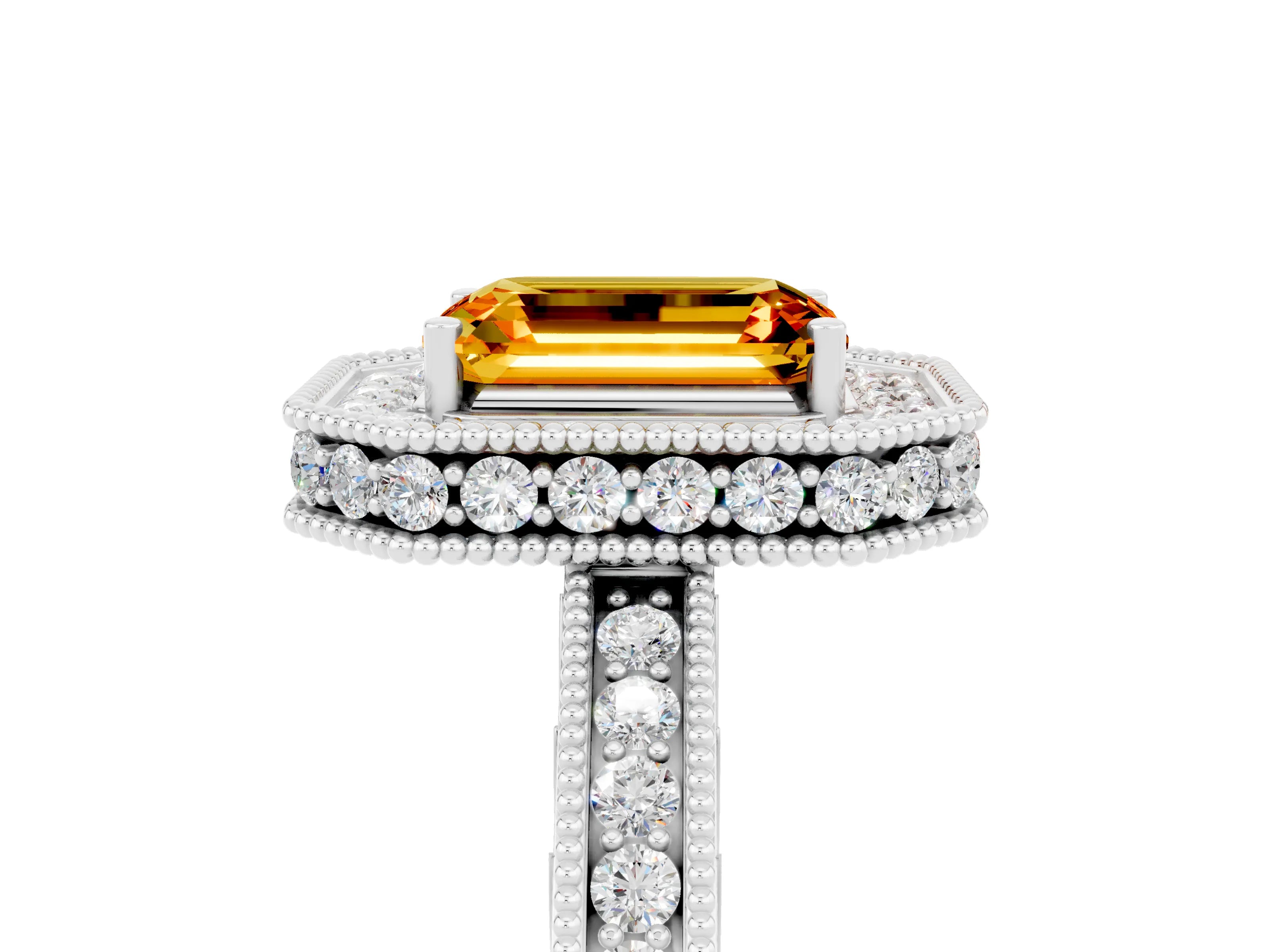 White gold Emerald Cut Halo Diamond Engagement Ring with Milgrain Pave Band and Four-Prong Setting_5