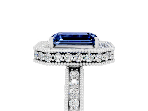 White gold Emerald Cut Halo Diamond Engagement Ring with Milgrain Pave Band and Four-Prong Setting_5