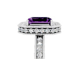 White gold Emerald Cut Halo Diamond Engagement Ring with Milgrain Pave Band and Four-Prong Setting_5