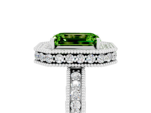 White gold Emerald Cut Halo Diamond Engagement Ring with Milgrain Pave Band and Four-Prong Setting_5