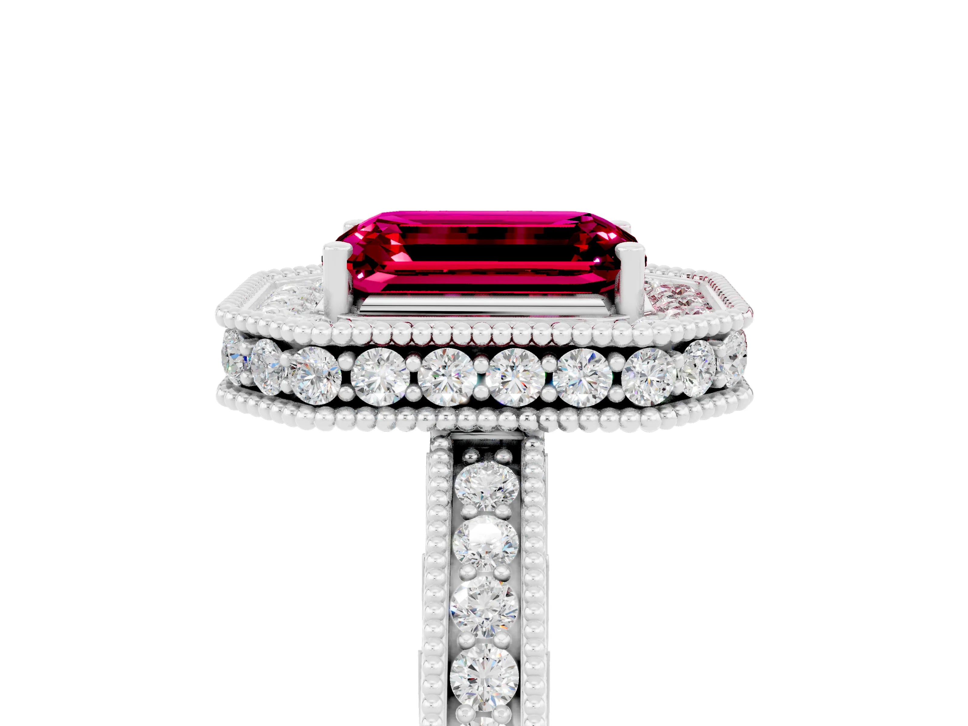 White gold Emerald Cut Halo Diamond Engagement Ring with Milgrain Pave Band and Four-Prong Setting_5