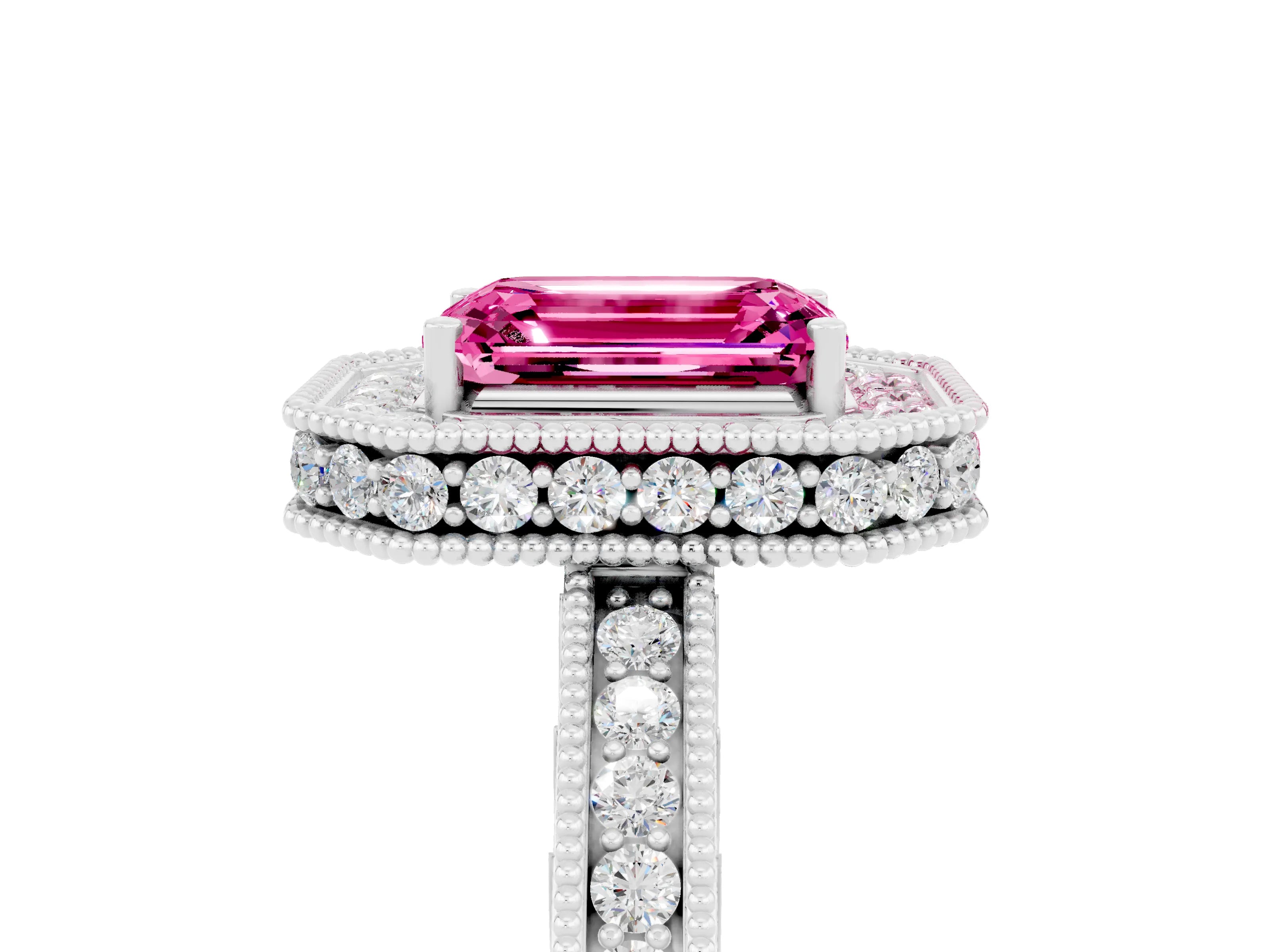 White gold Emerald Cut Halo Diamond Engagement Ring with Milgrain Pave Band and Four-Prong Setting_5