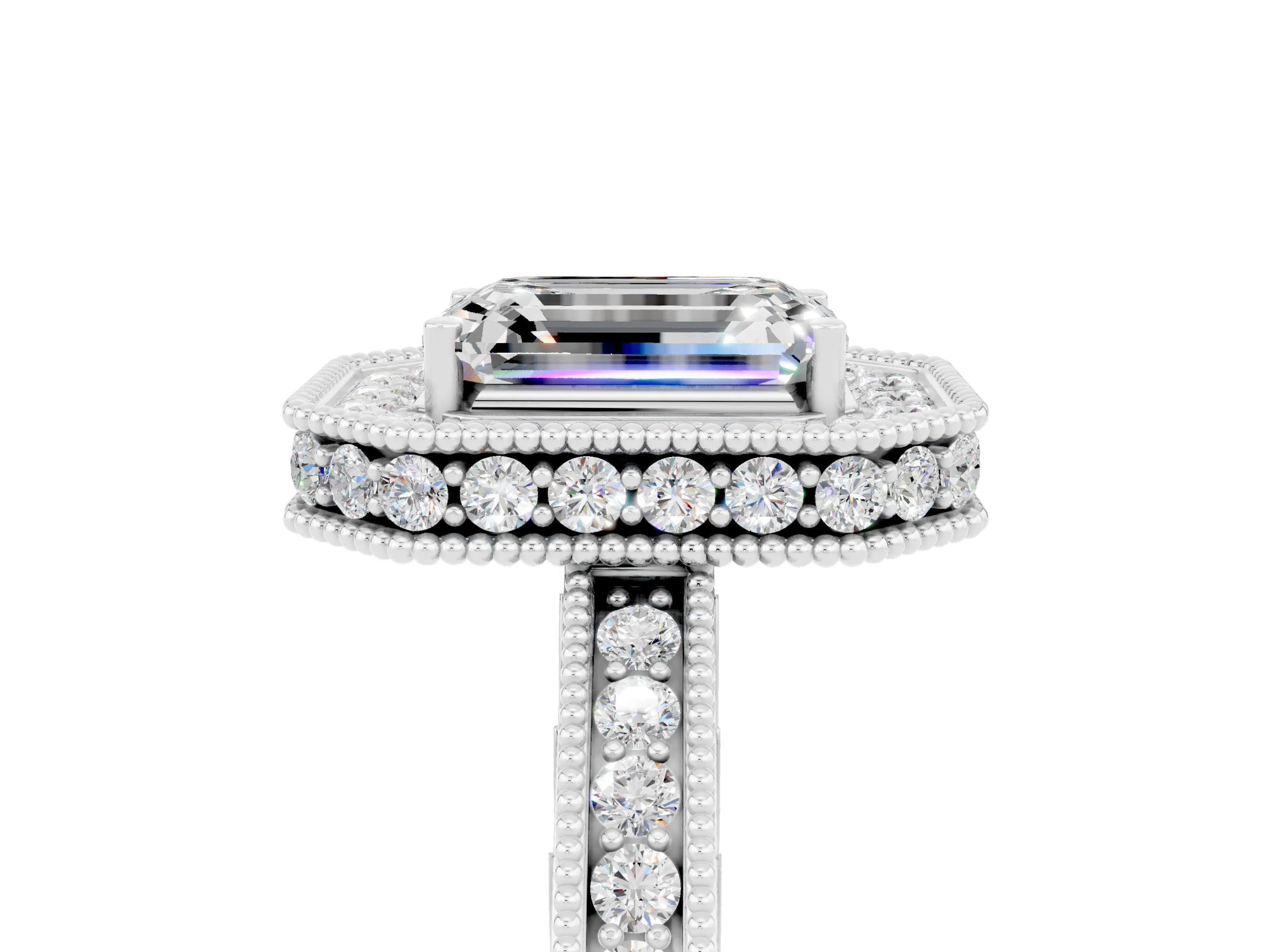 White gold Emerald Cut Halo Diamond Engagement Ring with Milgrain Pave Band and Four-Prong Setting_5