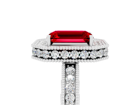 White gold Emerald Cut Halo Diamond Engagement Ring with Milgrain Pave Band and Four-Prong Setting_5