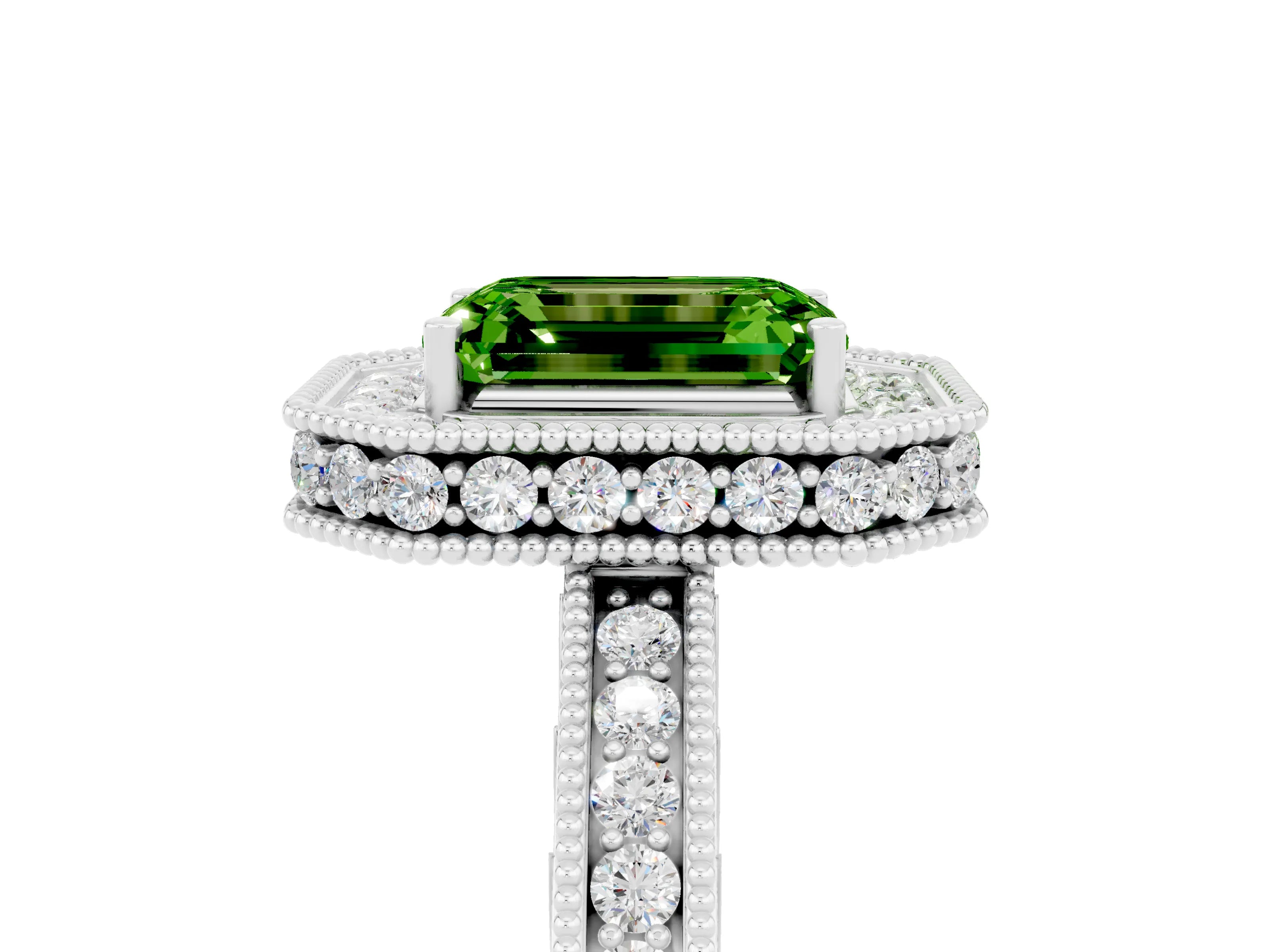 White gold Emerald Cut Halo Diamond Engagement Ring with Milgrain Pave Band and Four-Prong Setting_5