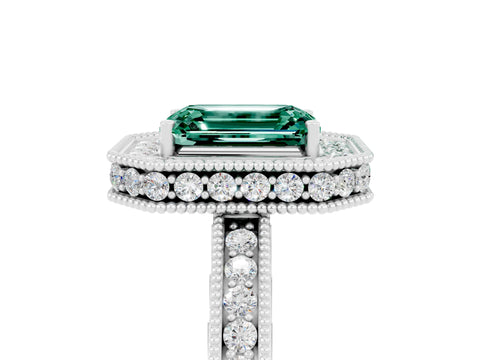 White gold Emerald Cut Halo Diamond Engagement Ring with Milgrain Pave Band and Four-Prong Setting_5