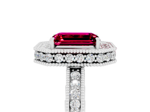 White gold Emerald Cut Halo Diamond Engagement Ring with Milgrain Pave Band and Four-Prong Setting_5