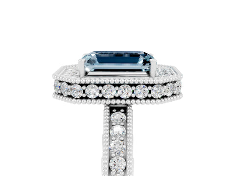 White gold Emerald Cut Halo Diamond Engagement Ring with Milgrain Pave Band and Four-Prong Setting_5
