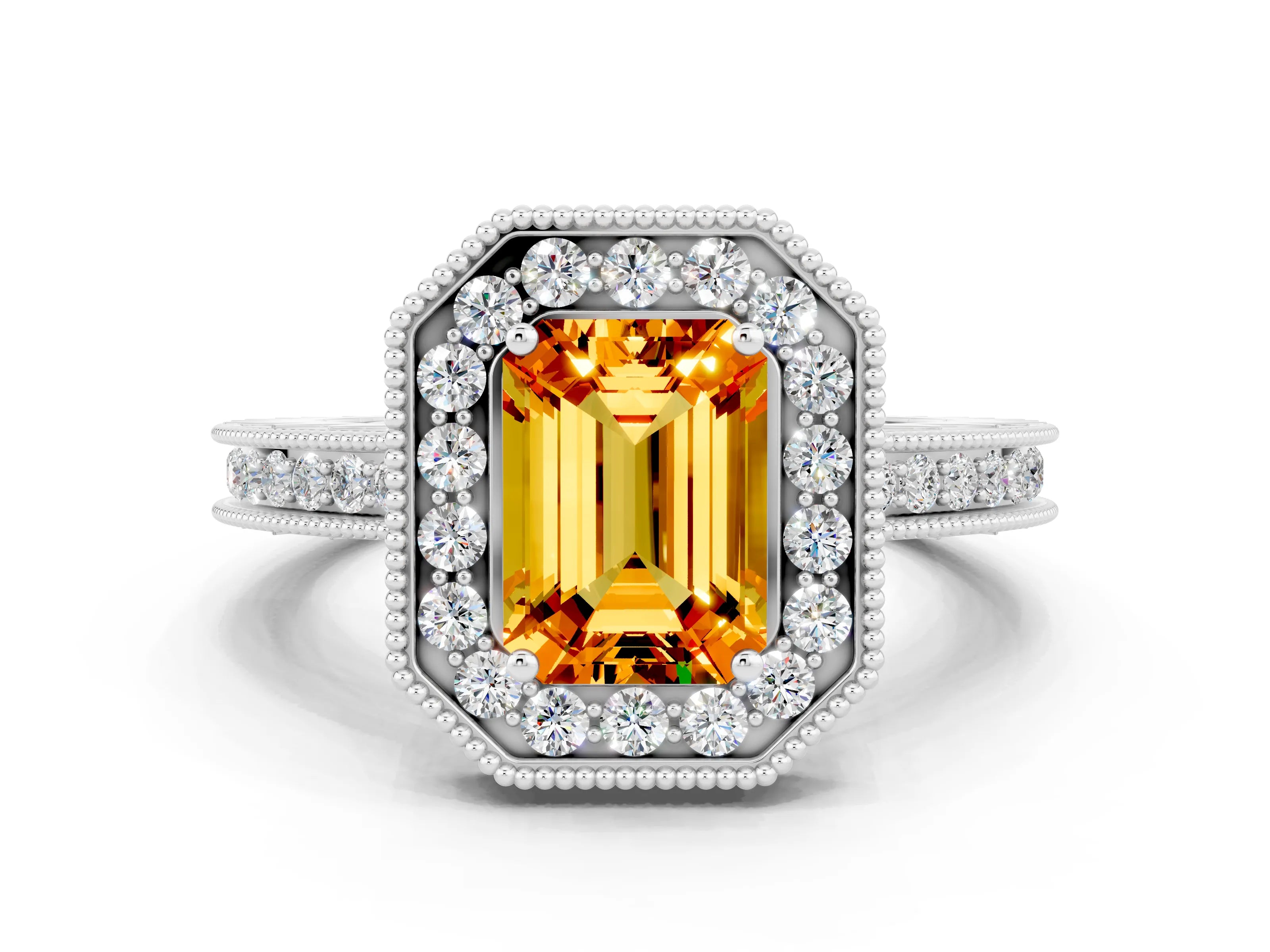 White gold Emerald Cut Halo Diamond Engagement Ring with Milgrain Pave Band and Four-Prong Setting