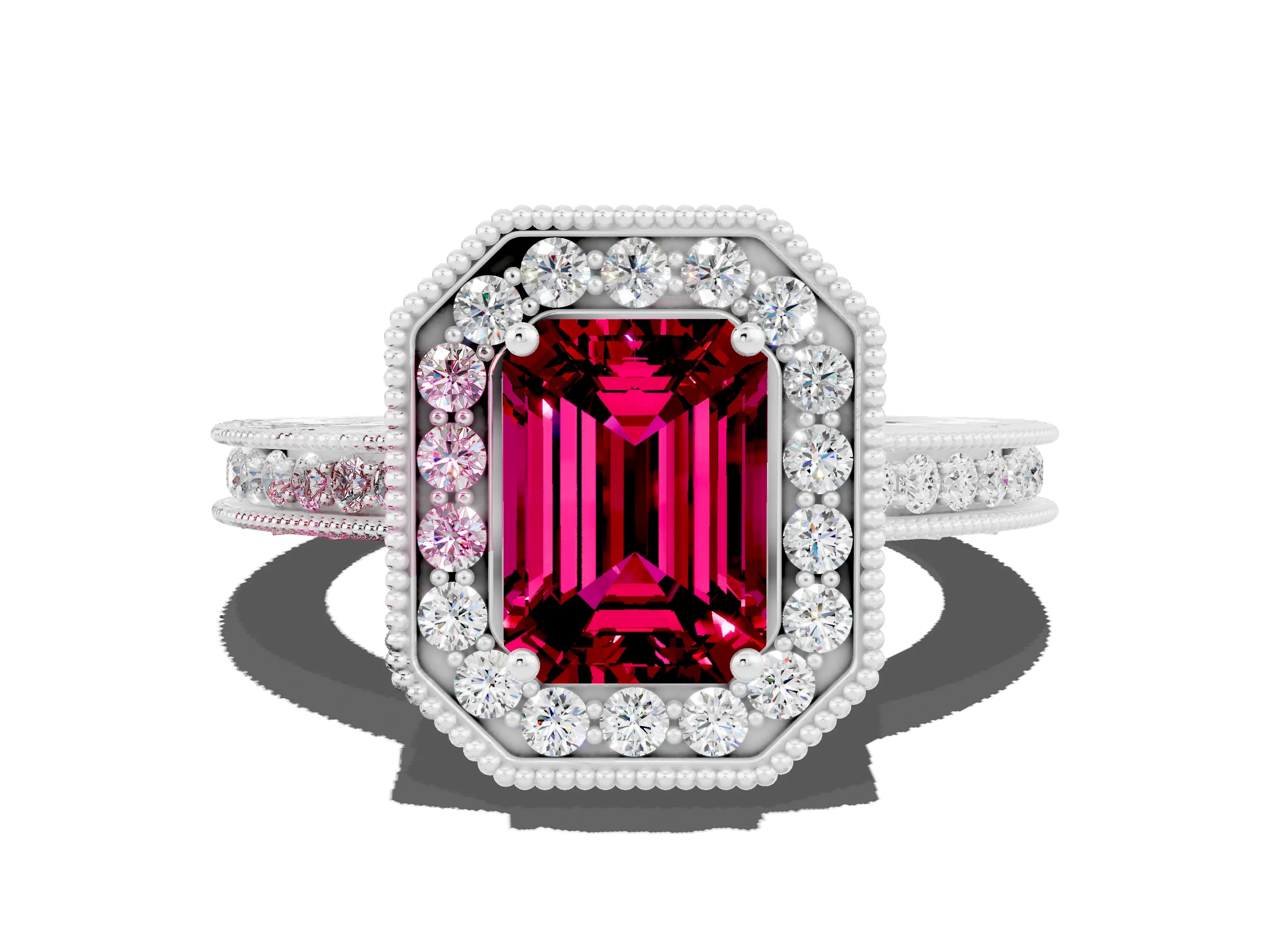 White gold Emerald Cut Halo Diamond Engagement Ring with Milgrain Pave Band and Four-Prong Setting
