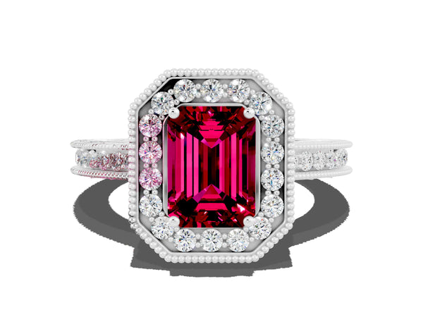 Silver Emerald Cut Halo Diamond Engagement Ring with Milgrain Pave Band and Four-Prong Setting