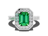 White gold Emerald Cut Halo Diamond Engagement Ring with Milgrain Pave Band and Four-Prong Setting