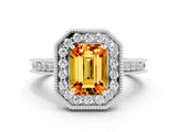 White gold Emerald Cut Halo Diamond Engagement Ring with Milgrain Pave Band and Four-Prong Setting