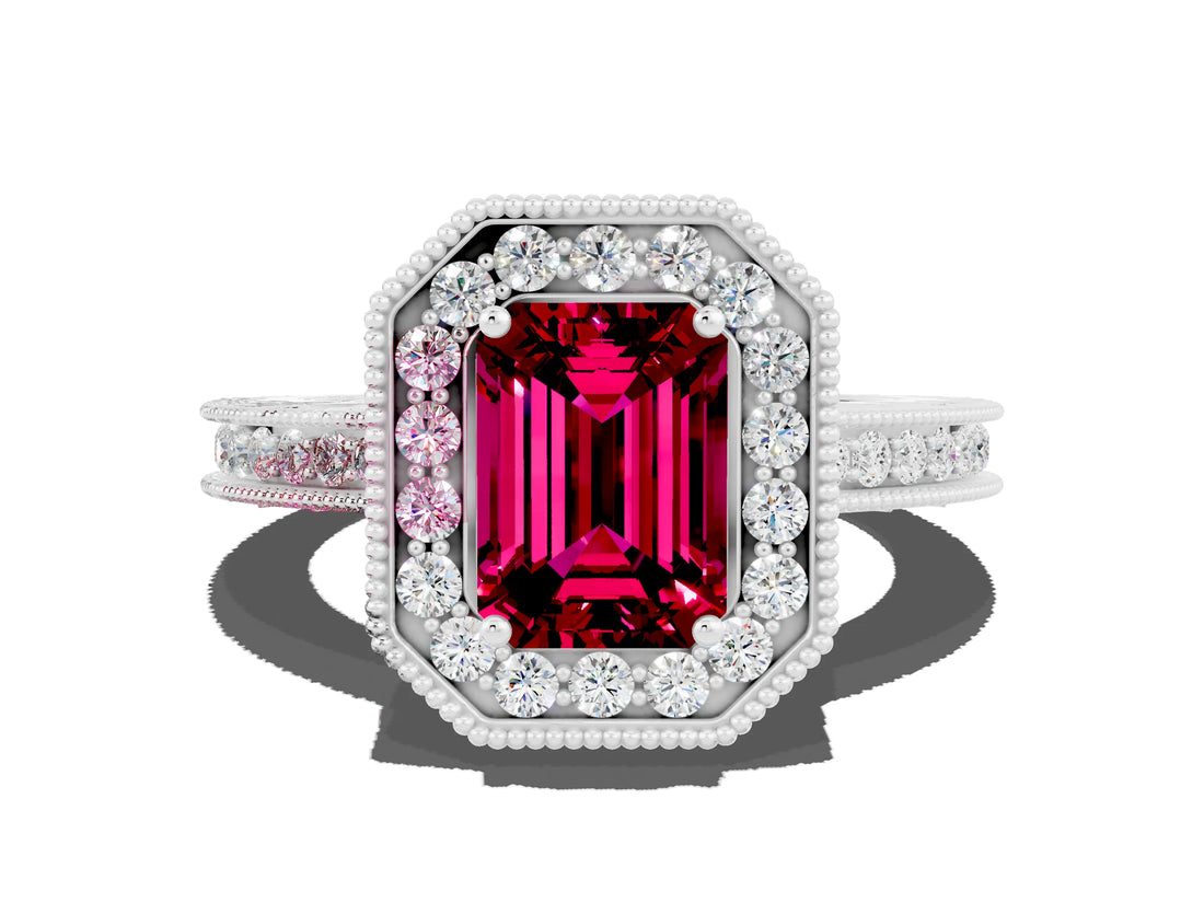 White gold Emerald Cut Halo Diamond Engagement Ring with Milgrain Pave Band and Four-Prong Setting
