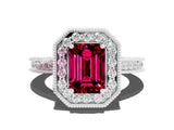White gold Emerald Cut Halo Diamond Engagement Ring with Milgrain Pave Band and Four-Prong Setting