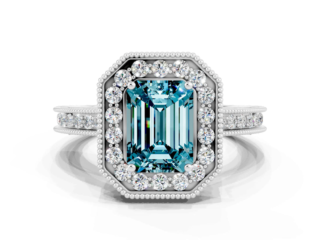White gold Emerald Cut Halo Diamond Engagement Ring with Milgrain Pave Band and Four-Prong Setting