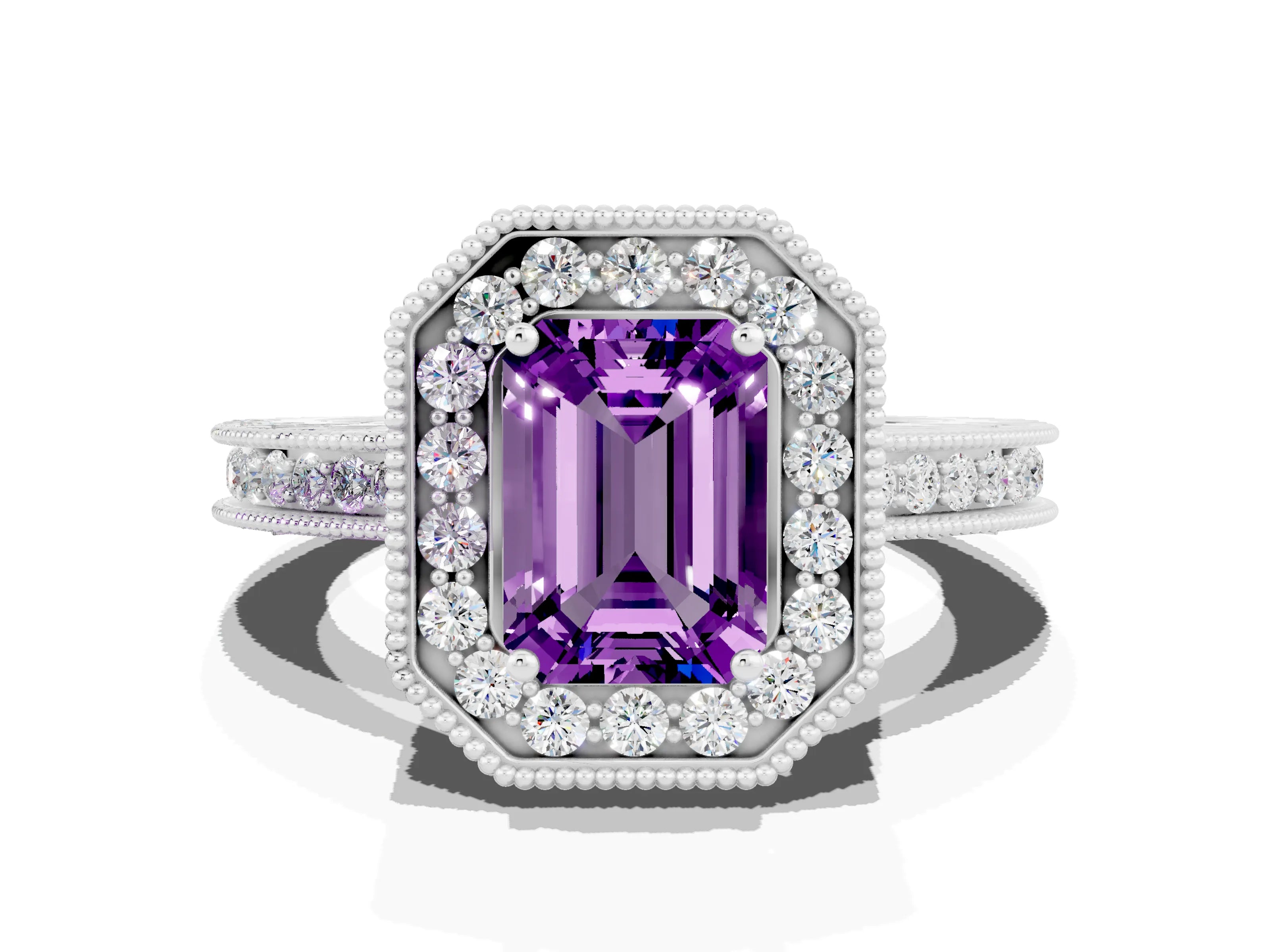 White gold Emerald Cut Halo Diamond Engagement Ring with Milgrain Pave Band and Four-Prong Setting