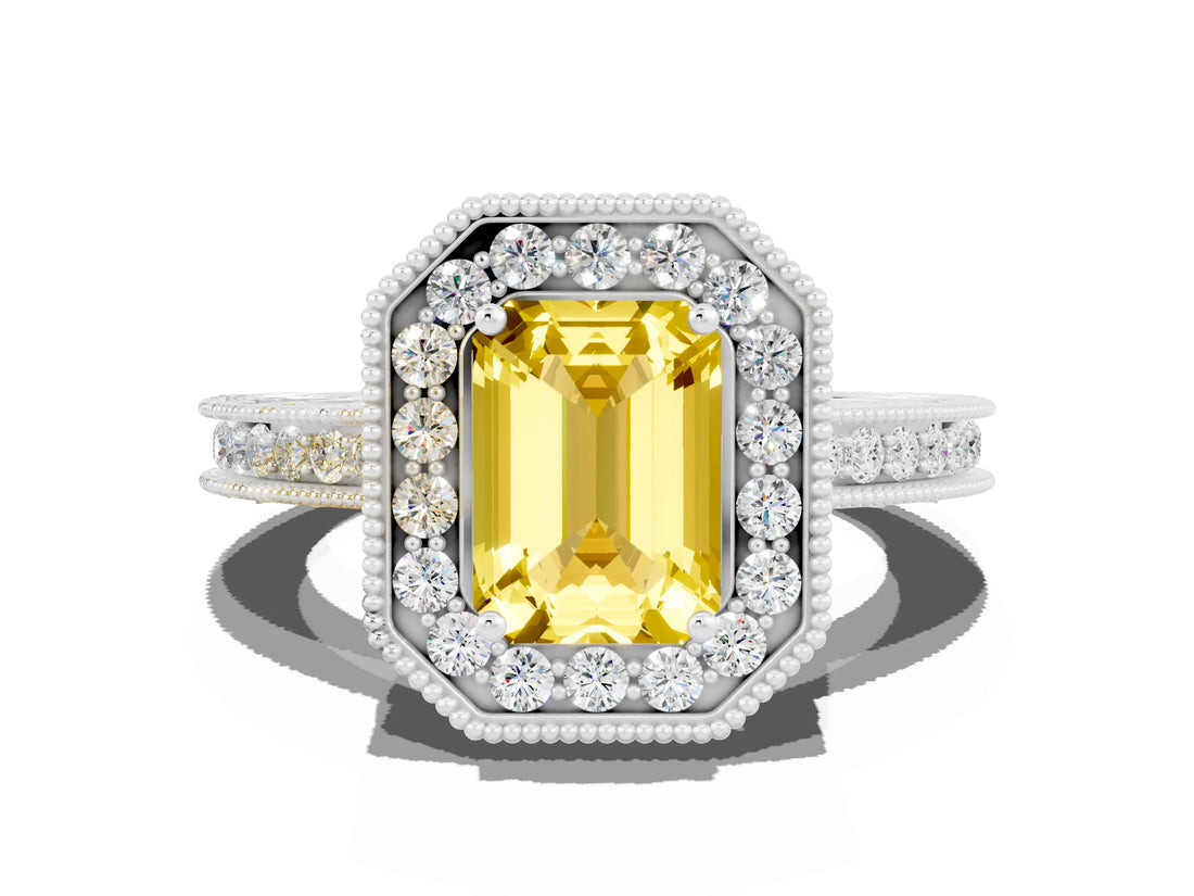White gold Emerald Cut Halo Diamond Engagement Ring with Milgrain Pave Band and Four-Prong Setting