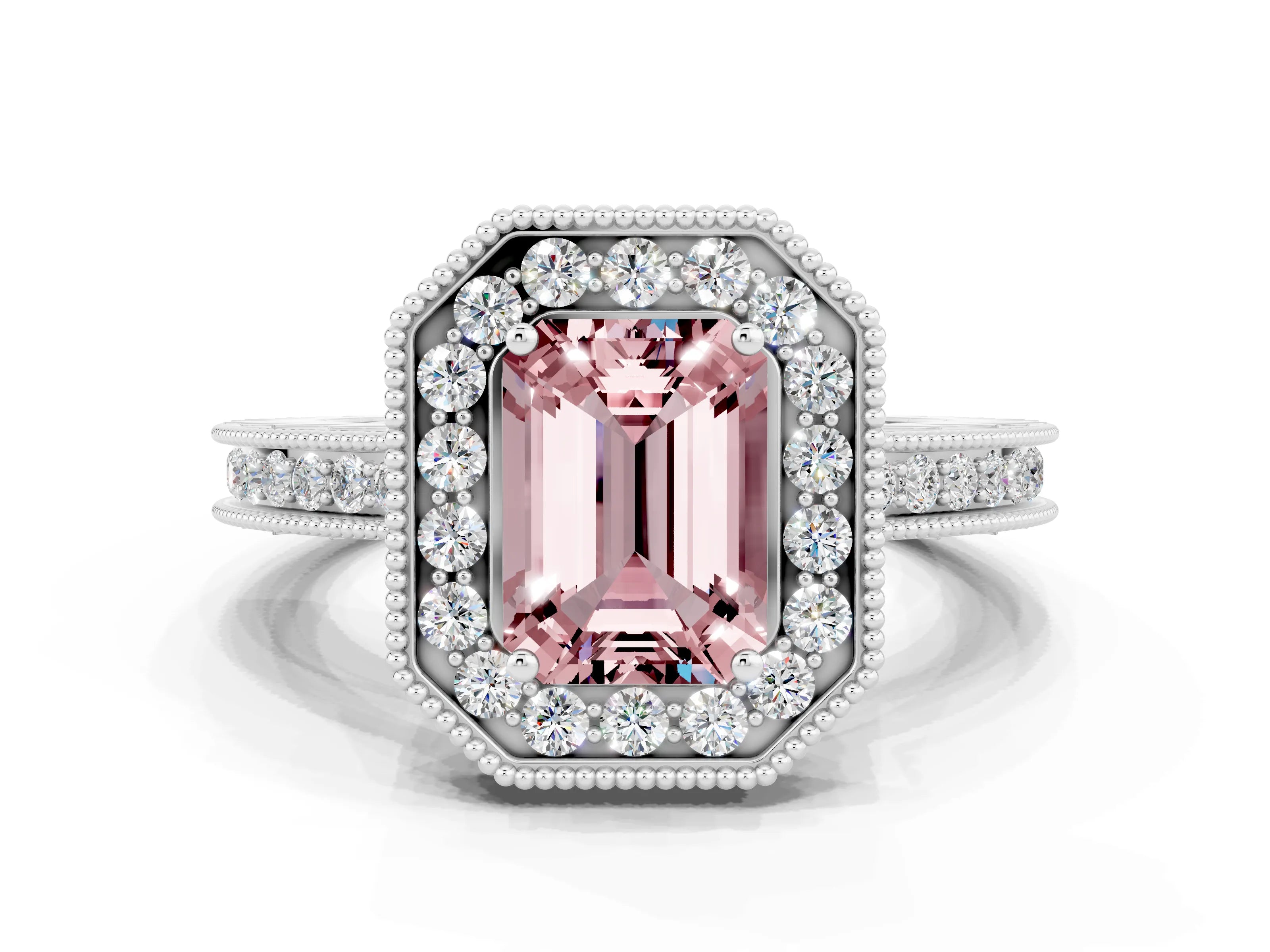 White gold Emerald Cut Halo Diamond Engagement Ring with Milgrain Pave Band and Four-Prong Setting