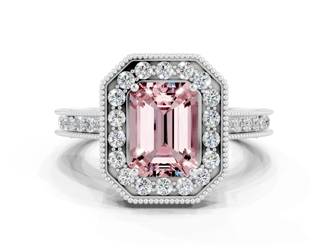 White gold Emerald Cut Halo Diamond Engagement Ring with Milgrain Pave Band and Four-Prong Setting