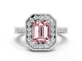 White gold Emerald Cut Halo Diamond Engagement Ring with Milgrain Pave Band and Four-Prong Setting