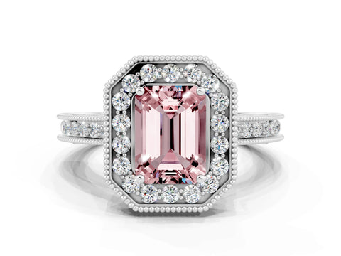 White gold Emerald Cut Halo Diamond Engagement Ring with Milgrain Pave Band and Four-Prong Setting