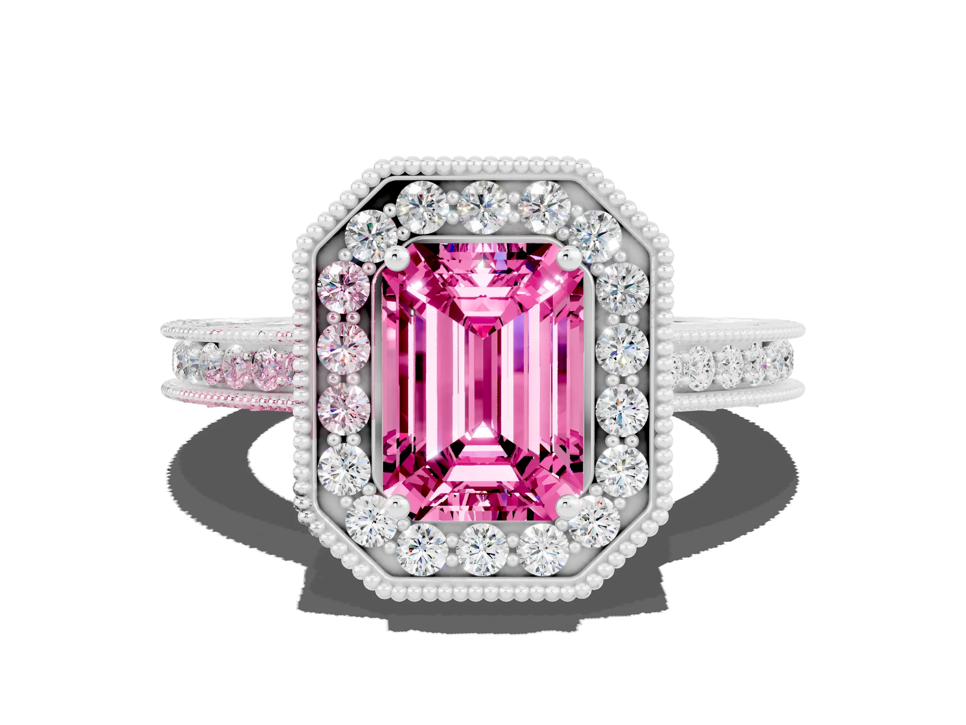 White gold Emerald Cut Halo Diamond Engagement Ring with Milgrain Pave Band and Four-Prong Setting