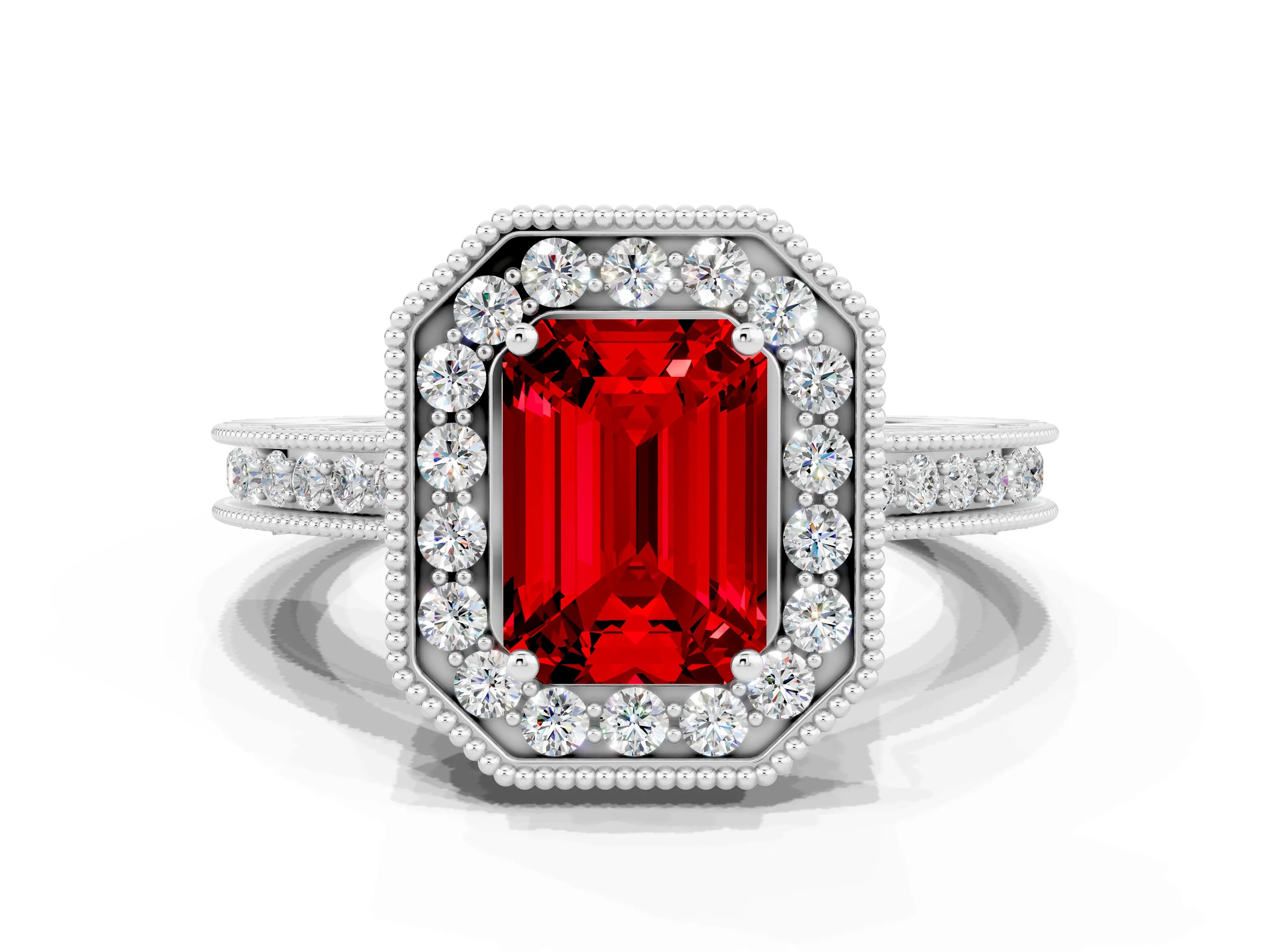 White gold Emerald Cut Halo Diamond Engagement Ring with Milgrain Pave Band and Four-Prong Setting