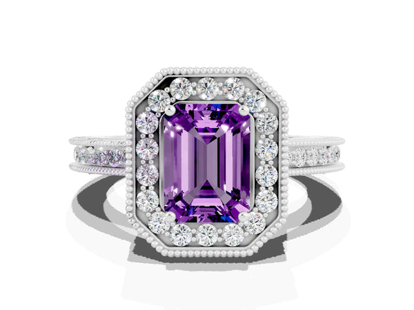 Silver Emerald Cut Amethyst Milgrain Halo Engagement Ring with Round Pavé Band and Prong Setting