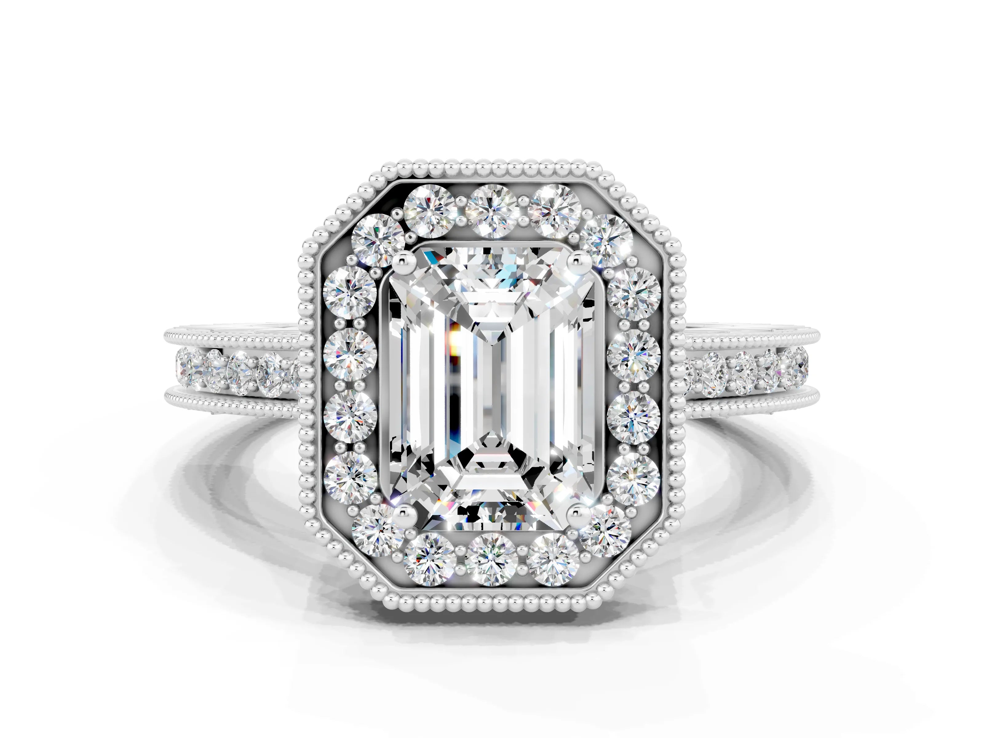White gold Emerald Cut Halo Diamond Engagement Ring with Milgrain Pave Band and Four-Prong Setting