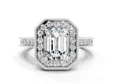 White gold Emerald Cut Halo Diamond Engagement Ring with Milgrain Pave Band and Four-Prong Setting