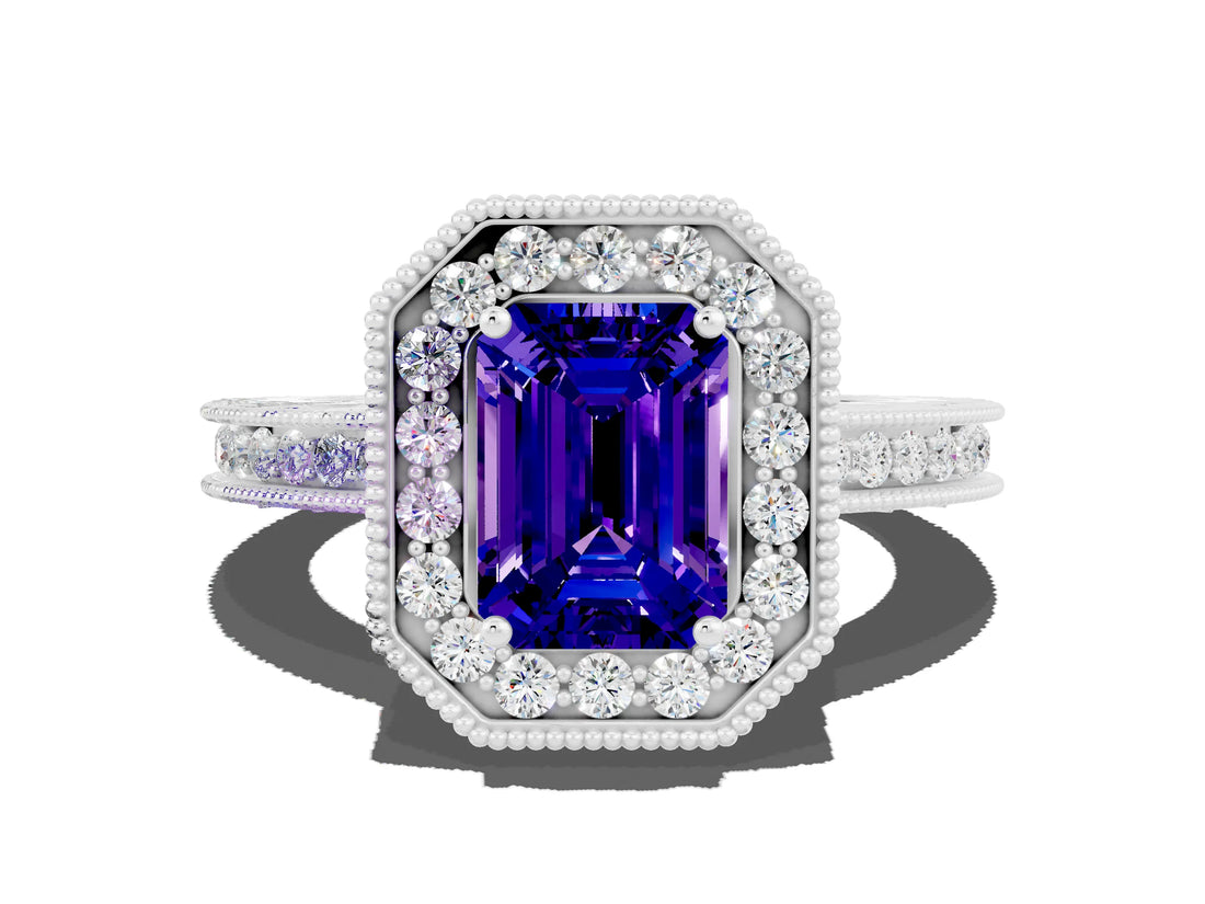 White gold Emerald Cut Halo Diamond Engagement Ring with Milgrain Pave Band and Four-Prong Setting