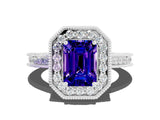 White gold Emerald Cut Halo Diamond Engagement Ring with Milgrain Pave Band and Four-Prong Setting