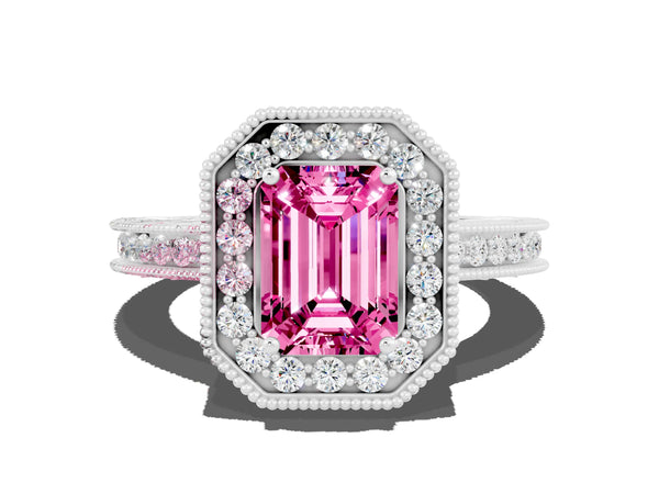 Platinum Emerald Cut Halo Diamond Engagement Ring with Milgrain Pave Band and Four-Prong Setting