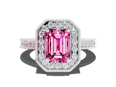 White gold Emerald Cut Halo Diamond Engagement Ring with Milgrain Pave Band and Four-Prong Setting
