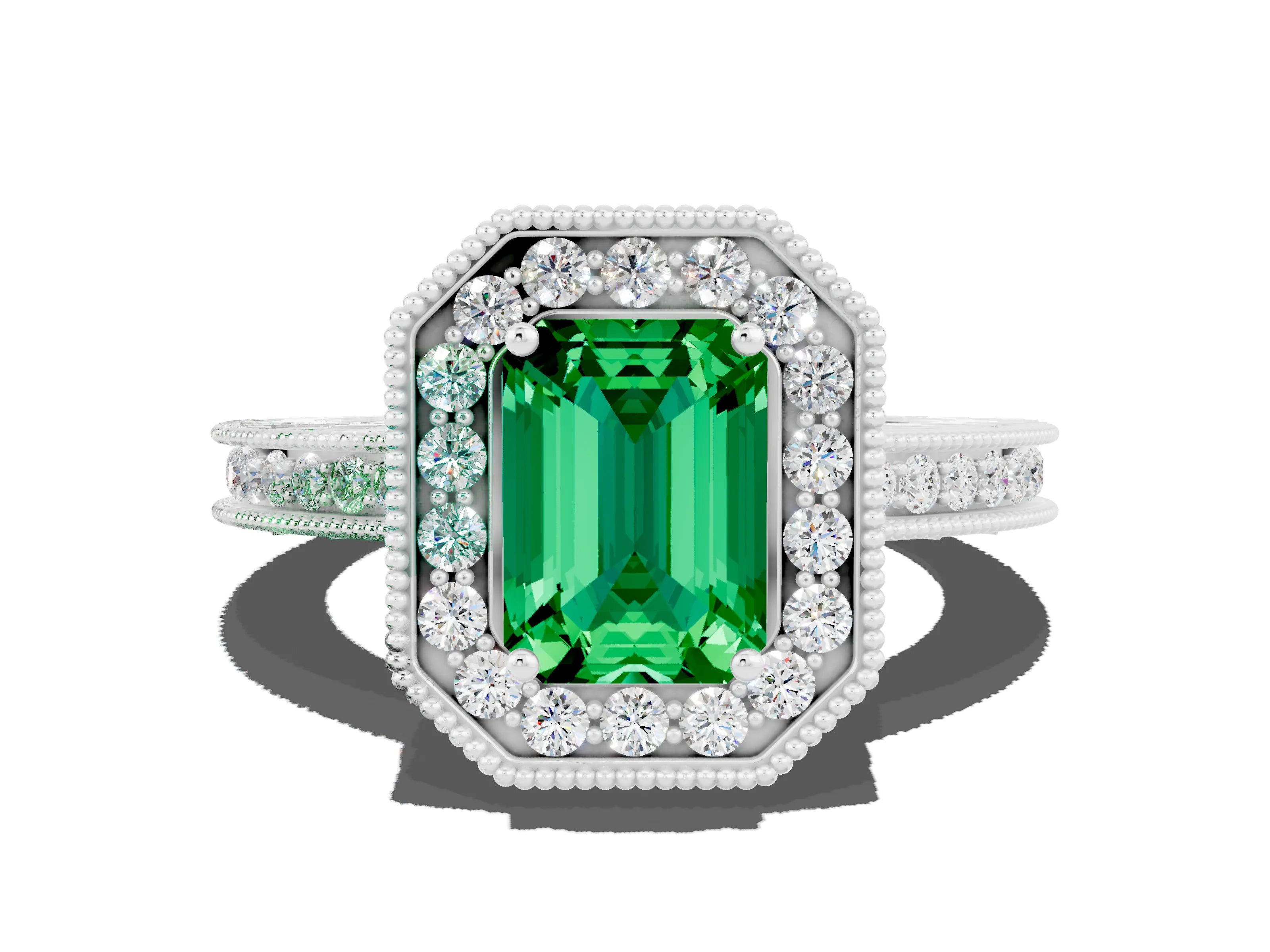 White gold Emerald Cut Halo Diamond Engagement Ring with Milgrain Pave Band and Four-Prong Setting