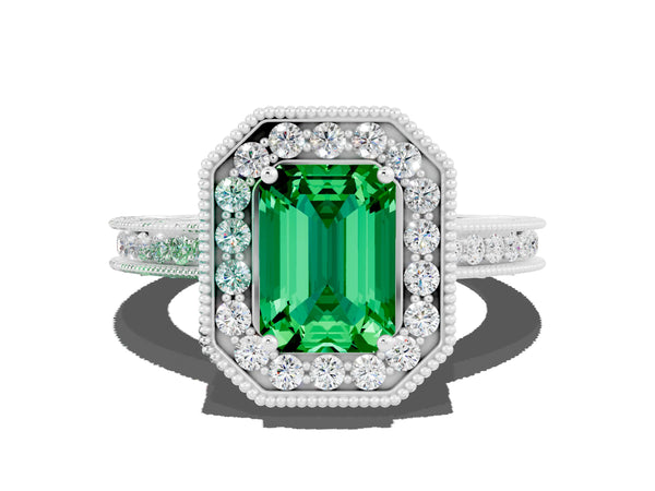 Platinum Emerald Cut Halo Diamond Engagement Ring with Milgrain Pave Band and Four-Prong Setting