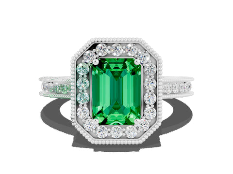 White gold Emerald Cut Halo Diamond Engagement Ring with Milgrain Pave Band and Four-Prong Setting