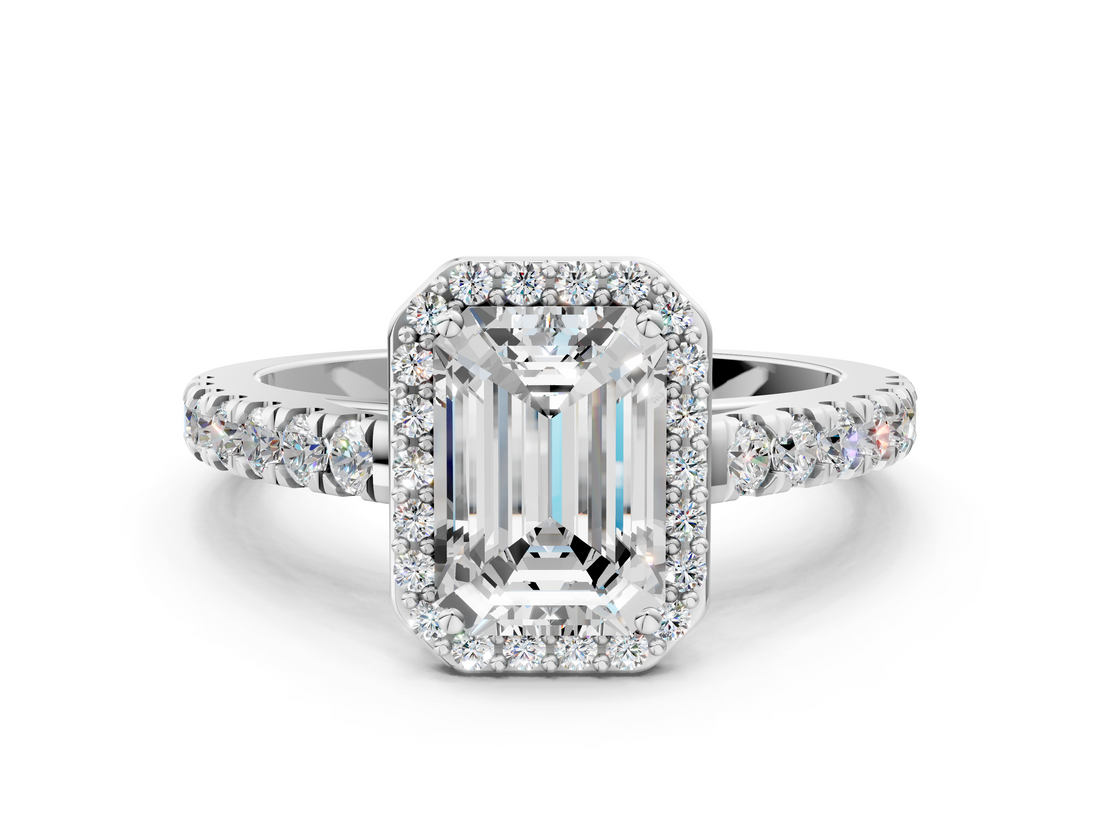 White gold Emerald Cut Halo Diamond Engagement Ring with Pave Band and Four-Prong Setting_57