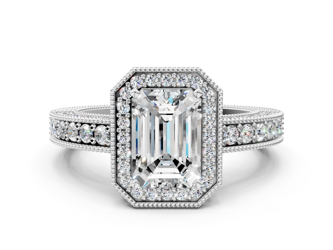 White gold Emerald Cut Halo Diamond Pave Band Ring with Four-Prong Setting_81