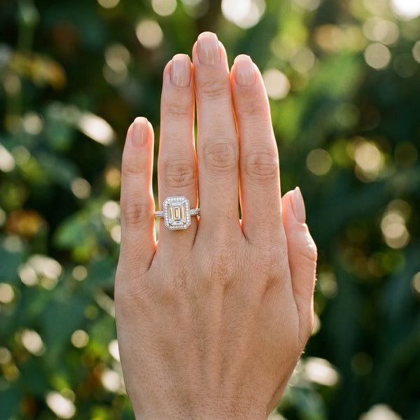 White gold Emerald Cut Halo Diamond Pave Band with Four-Prong Setting
