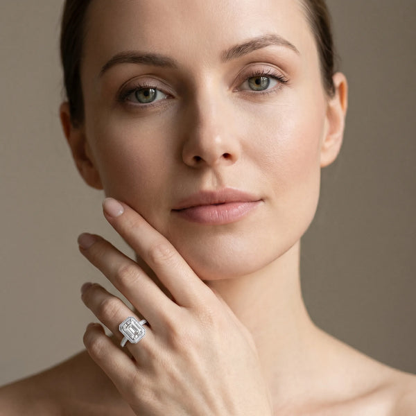 White gold Emerald Cut Halo Diamond Pave Band with Four-Prong Setting
