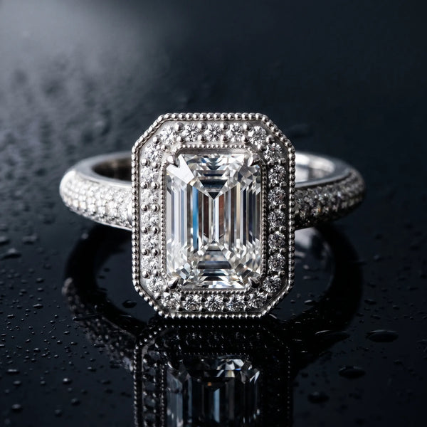 White gold Emerald Cut Halo Diamond Pave Band with Four-Prong Setting