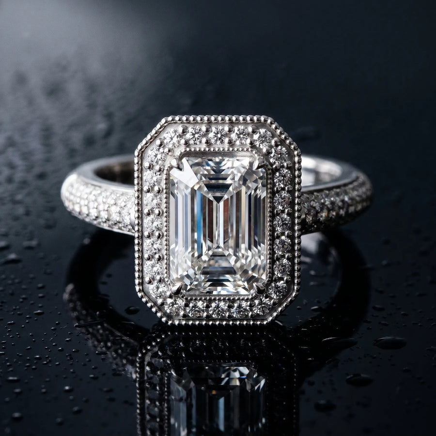 White gold Emerald Cut Halo Diamond Pave Band with Four-Prong Setting