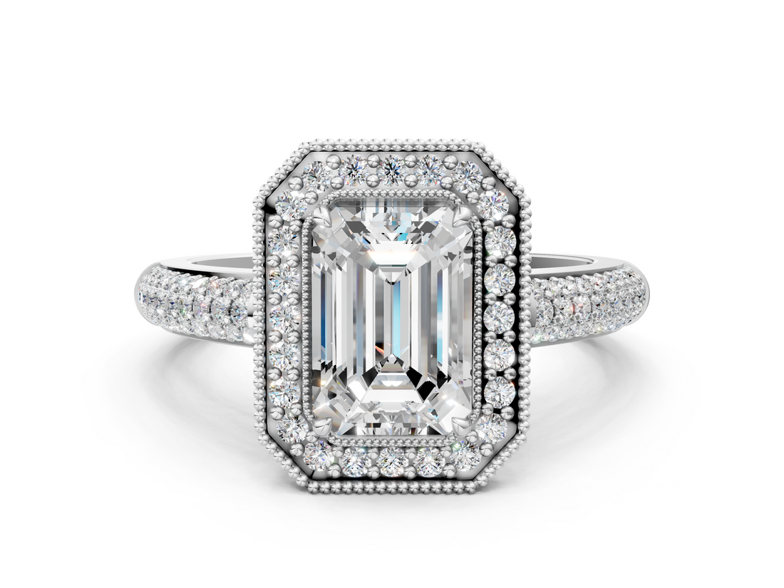 White gold Emerald Cut Halo Diamond Pave Band with Four-Prong Setting_66